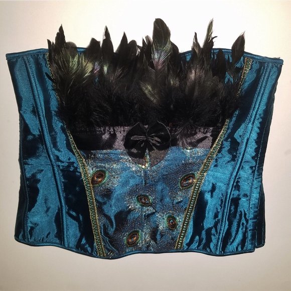 Unbranded Tops - Sexy Peacock Feather Embroidered Blue Bustier Corset Top Strapless XL